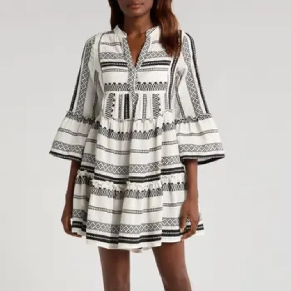 New Elan Cotton Cover Up Babydoll Mini Dress Swim Resort Black White Sz XS